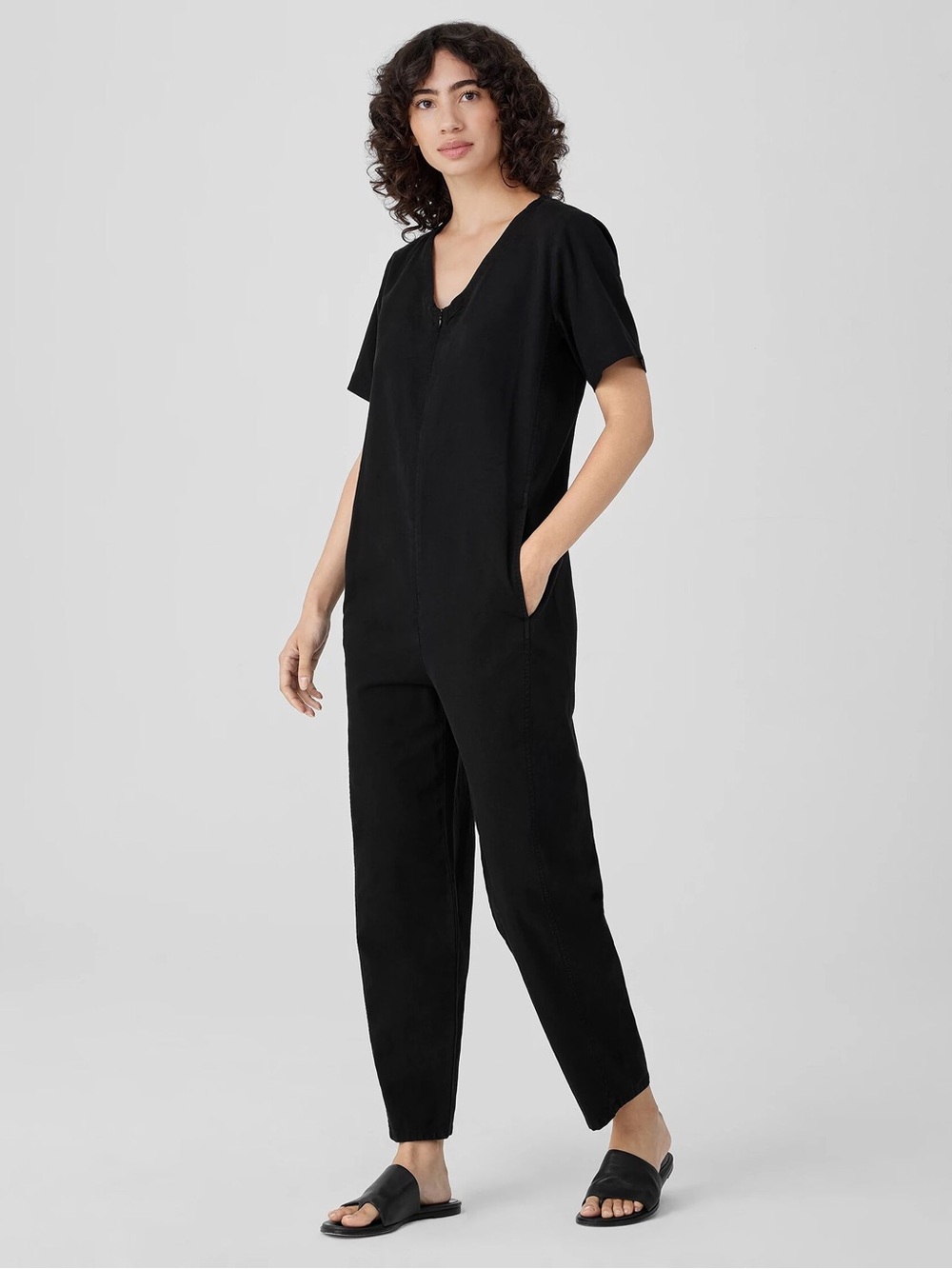 Eileen Fisher Black Cap-Sleeve V-Neck Jumpsuit